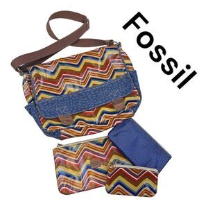 Fossil Key-Per Briefcase Coated Canvas Multi Messenger Bag with Wallets Set of 4